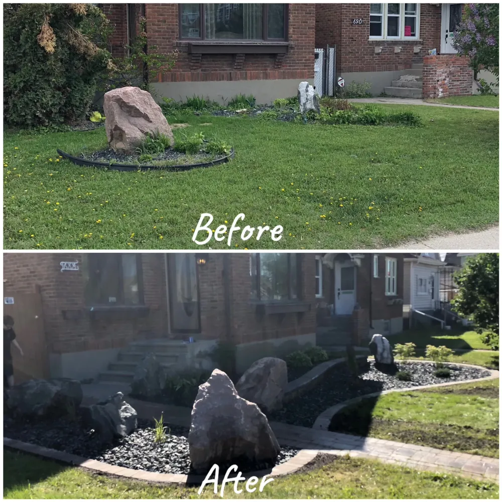 Before and after photo of custom landscape stonework in front yard.